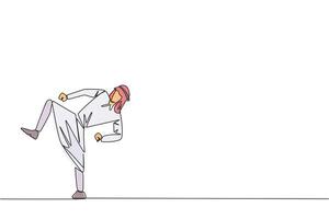 single een lijn tekening Arabisch zakenman aan het doen taekwondo bewegingen. schoppen beweging. sterk poten. houden bedrijf met sport. houden gezond blijven sterk. doorlopend lijn ontwerp grafisch illustratie vector