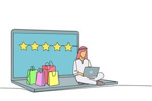 single een lijn tekening gelukkig Arabisch Mens zittend Aan reusachtig laptop typen Aan laptop. kocht een veel van online winkel. geven een recensie van 5 sterren. e-commerce. doorlopend lijn ontwerp grafisch illustratie vector