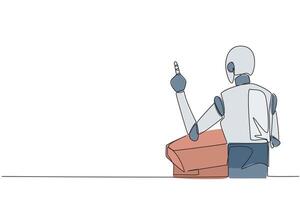 doorlopend een lijn tekening van terug visie robot sprekend Bij podium terwijl hijs- inhoudsopgave vinger. robot in conferentie hal Cadeau nieuw bedrijf. redenaar. single lijn trek ontwerp illustratie vector