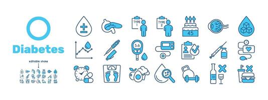 diabetes en bloed suiker lijn pictogrammen uitrusting. glucose, insuline, hyperglykemie, analyse, schaal, zwangerschap, ziek, medicijn, spuit, levensstijl, retinopathie, testen, medisch illustratie. bewerkbare hartinfarct. vector