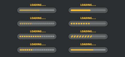 reeks van laden bar voortgang. illustratie van bezig met laden bar, niveau, schaal, geluid volume. software hulpmiddel. snelheid uploaden of downloaden. paneel schakelaar controle. indicator van toestand downloaden. vector