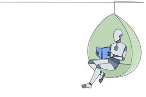 doorlopend een lijn tekening robot zittend kom tot rust in hangende stoel lezing een boek. uitgeven de weekend lezing de favoriete fictie verhaal boek. liefde lezing. single lijn trek ontwerp illustratie vector