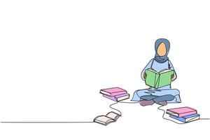 doorlopend een lijn tekening Arabisch vrouw werkelijk houdt lezing. elke dag een boek is lezen. mooi zo gewoonte. Daar is Nee dag zonder lezing boek. boek festival concept. single lijn trek illustratie vector