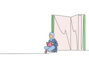 single een lijn tekening Arabisch vrouw zittend in voorkant van een groot Open boek lezing een boek. echt en focus aan het leren neemt toe in zicht. boek festival concept. doorlopend lijn ontwerp grafisch illustratie vector