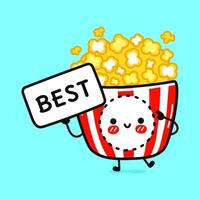 schattig popcorn met poster het beste. hand- getrokken tekenfilm kawaii karakter illustratie icoon. geïsoleerd Aan blauw achtergrond. popcorn denken concept vector