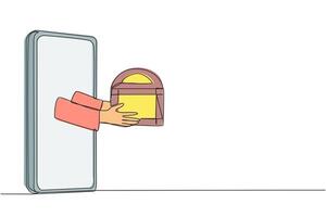 single doorlopend lijn tekening hand- komt uit van midden- van de smartphone Holding schat borst. verkoper bereiden veel van bonussen Aan nationaal online boodschappen doen dag. een lijn ontwerp illustratie vector