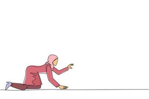 doorlopend een lijn tekening kruipen Arabisch zakenvrouw. proberen naar krijgen omhoog na wezen aangevallen door een pandemie. beginnend van kruipen, wandelen, vervolgens rennen snel. single lijn trek illustratie vector