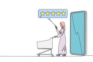 doorlopend een lijn tekening Arabisch vrouw liep uit van groot smartphone terwijl voortvarend een boodschappen doen karretje. vijf sterren beoordeling opnieuw bekijken. e handel. recensie naar verkoper. single lijn trek illustratie vector