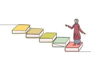 single doorlopend lijn tekening Arabisch vrouw beklimmen trap van boeken. lezing neemt toe kennis welke kan toenemen de waardigheid van beter leven. boek festival concept. een lijn ontwerp illustratie vector