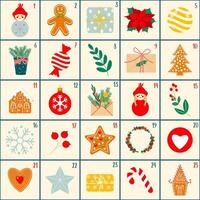 komst kalender, vrolijk Kerstmis poster, afdrukbare sjabloon met Kerstmis elementen. vector