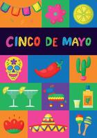 cinco de mayo poster. wrikken, tequila, cactus, peper, maracas, sombrero vector