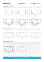 hoe naar trek tekening dier mammoet, tekenfilm karakter stap door stap tekening zelfstudie. werkzaamheid werkbladen voor kinderen vector