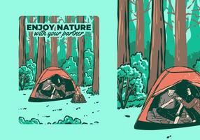 camping in natuur met partner. wijnoogst buitenshuis illustratie vector