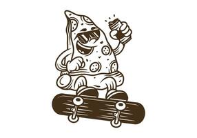lijn kunst illustratie van pizza karakter jumping Aan skateboard vector