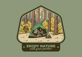 camping in natuur met partner. wijnoogst buitenshuis illustratie vector