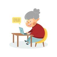 gelukkig grootmoeder met laptop. schattig tekenfilm grootmoeder zittend Bij een tafel met een computer. vector