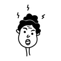 een gemakkelijk minimalistische tekenfilm emotioneel portret van een boos vrouw. zwart en wit icoon, element, clip art voor emoji sticker. illustratie voor profiel afbeelding, avatar. negatief emotie, slecht gevoelens. vector