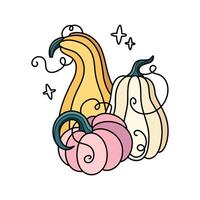 herfst pompoenen schattig hand- getrokken illustratie. aanbiddelijk kawaii verdrievoudigen samenstelling. tekenfilm vlak clip art voor seizoensgebonden groet kaarten, kleding afdrukken, stickers, verpakking. vector