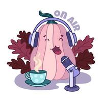 schattig tekening pompoen karakter Aan lucht. herfst podcast concept. tekenfilm illustratie. antropomorf blogger met koptelefoon, microfoon en koffie beker. atmosfeer bloggen. vector