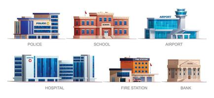 reeks van stad gebouwen illustratie. Politie station, school, luchthaven, ziekenhuis, brand station en bank vector