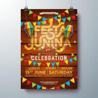 festa Junina partij folder ontwerp met vlaggen, papier lantaarn en typografie belettering Aan wijnoogst hout achtergrond. traditioneel Brazilië sao joao juni festival illustratie voor banier, uitnodiging of vector