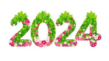 2024 bloemen concept. speciaal aanbod symbool. voorjaar of zomer concept. creatief aantal ontwerp met groen bladeren en roze bloemen. mooi groet kaart. ansichtkaart sjabloon. geschenk kaart met 3d elementen. vector