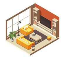 isometrische leven kamer interieur. tekenfilm appartement met meubilair, modern huiselijk kamer met sofa en fauteuil, huis interieur ontwerp. illustratie vector