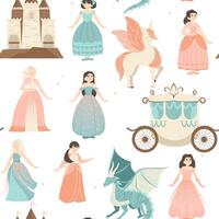 kinderachtig prinses patroon. schattig fee verhaal naadloos afdrukken met prinses kasteel, koets, eenhoorn, kroon en magie toverstok. structuur vector