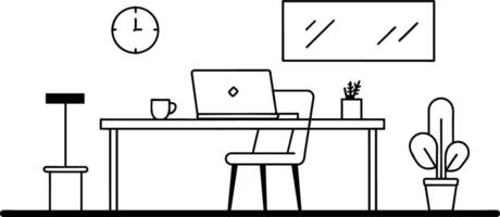 een zwart en wit tekening van een bureau met een laptop en stoel vector