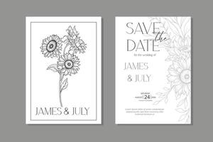 lijn kunst zonnebloemen bruiloft uitnodiging sjabloon, schets zonnebloemen minimalistische bruiloft briefpapier, zonnebloemen bruiloft vector