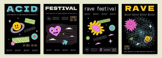 een reeks van gek psychedelisch posters voor een enthousiast festival. zuur kunstwerken. vector