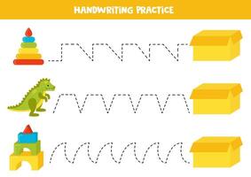 traceren lijnen met schattig tekenfilm speelgoed en doos. schrijven oefening. vector
