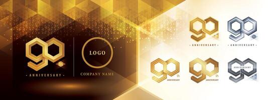 90ste verjaardag logotype ontwerp, negentig jaren verjaardag viering. abstract zeshoek oneindigheid logo, 90 jaren logo gouden voor viering evenement vector