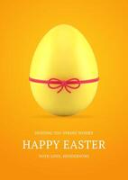 gelukkig Pasen geel kip ei gebonden door lint boog 3d groet kaart ontwerp sjabloon realistisch vector