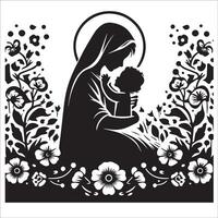 maagd Maria en baby Jezus silhouet met bloemen vector