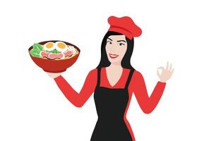 vrouw sushi chef Holding Japans ramen noodle kom illustratie vector