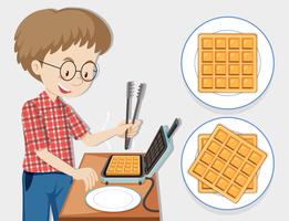 Mens die wafel met wafelmaker maakt vector