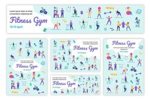 fitness gym poster en spandoek sjablonen set. mannen en vrouwen voeren oefeningen uit op sporttoestellen, cardio- en krachttraining. omslagbrochure met kleine mensen in plat ontwerp. vectorillustratie. vector