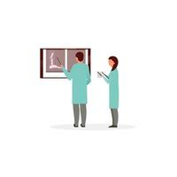orthopedist die beenbreuk x ray vlakke afbeelding leest. arts en verpleegkundige diagnose, planning van de behandeling van trauma, letsel. therapeut, huisarts, geneeskunde en gezondheidswerkers karakters vector