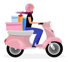 meisje rijden scooter platte vectorillustratie. jonge vrouw die terugkeert uit de supermarkt. vrouwelijke student op de fiets cadeautjes kopen, geschenken. bezorgdienst koerier op motorfiets stripfiguur vector