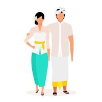 Indonesiërs platte vectorillustratie. staand volwassen stel. de groeten. inheemse bevolking. Aziatische cultuur. mensen gekleed in Balinese kleding geïsoleerde stripfiguur op witte achtergrond vector