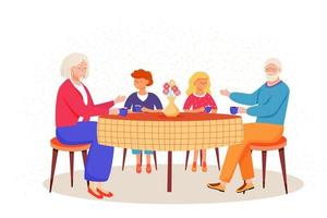 gepensioneerden platte vectorillustratie. kinderen kwamen op bezoek bij oudere familieleden. familie tijdverdrijf in de eetkamer. grootouders drinken thee met stripfiguren van kinderen vector