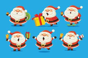 verzameling van kerst santa claus tekenset. plat ontwerp van grappige schattige kerstman met verschillende houdingen en kerstelementen bel, cadeau, tas, megafoon. vrolijk kerstfeest vector