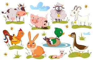 vlak schattig boerderij dieren en vogelstand reeks geïsoleerd Aan wit achtergrond. vee en tekenfilm grappig landbouw huisdieren. illustratie van koe, varken, schaap, geit en konijn. verzameling van eend, gans en kip. vector