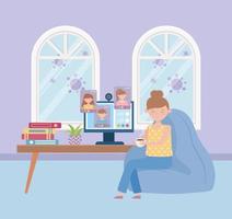 blijf thuis, vrouw neemt koffiekopje met computer in de kamer vector