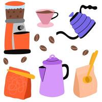 reeks van koffie machine, koffie Boon verpakking, Frans druk op, mokka pot, beker, waterkoker pictogrammen. icoon verzameling voor menu, koffie winkel. hand- getrokken modern illustratie vector