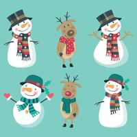 kerst cartoon set van sneeuwmannen en herten vector