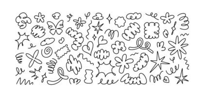 hand- getrokken speels biologisch onregelmatig tekening vormen en stickers. modern brutalisme en y2k vaag ontwerp elementen. bloem, hart, ster, vlinder, lente, wolk, spiraal abstract kattebelletje tekening. vector
