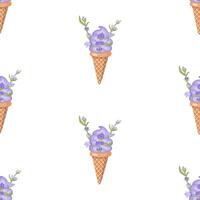 lavendel ijs room. drie scheppen van romig zoet toetje in een wafel ijshoorntje. Purper sorbet. naadloos patroon. illustratie. vector