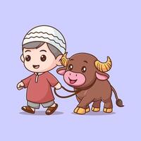 schattig jongen Moslim met buffel voor eid al adhah vector
